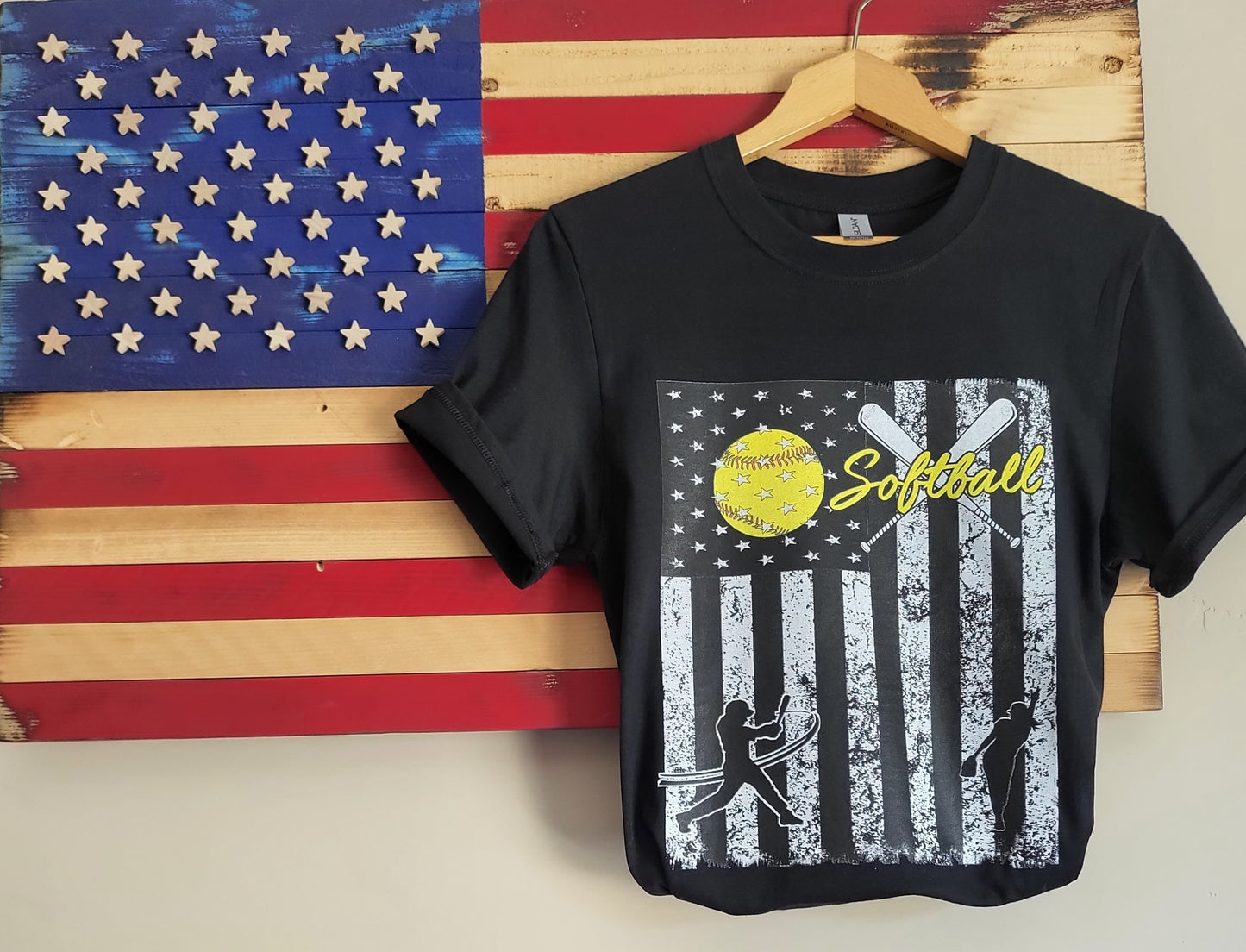 Distressed American Flag Softball Tee, Softball Catcher, Coach