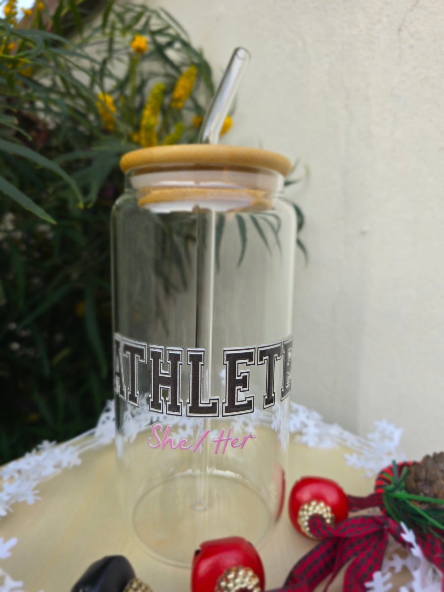 Personalized Girl Plus Sports Glass Tumbler with Bamboo Lid, Sports Girl Drinkware, Gift Idea