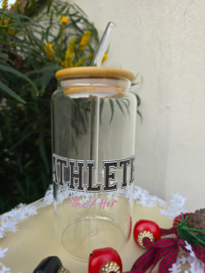 Personalized Girl Plus Sports Glass Tumbler with Bamboo Lid, Sports Girl Drinkware, Gift Idea
