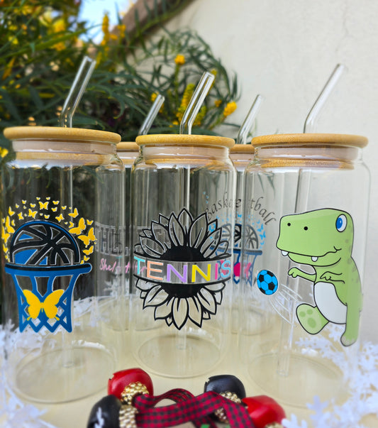 Personalized Girl Plus Sports Glass Tumbler with Bamboo Lid, Sports Girl Drinkware, Gift Idea