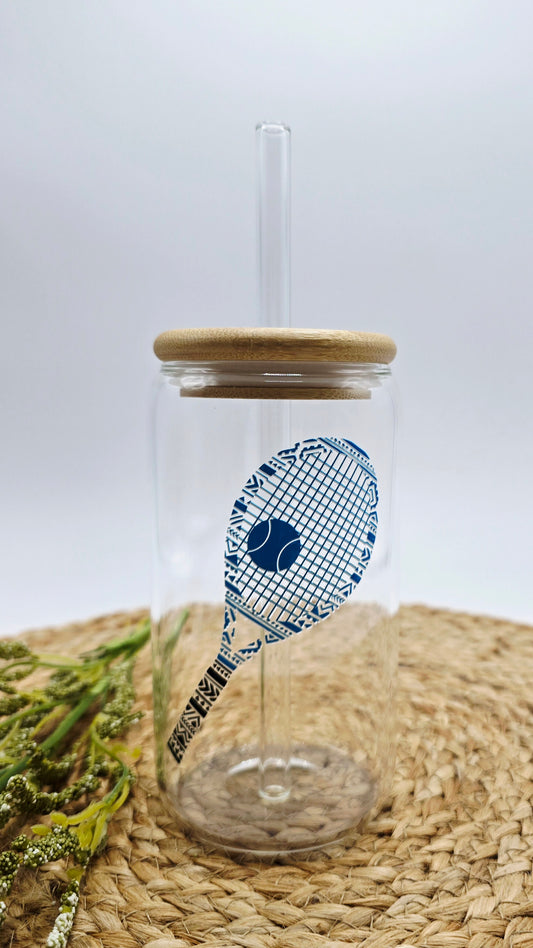 Personalized Tennis Player Glass Tumbler with Bamboo Lid