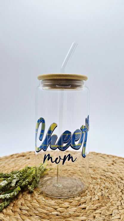 Personalized Girl Plus Sports Glass Cheer Mom Tumbler with Bamboo Lid