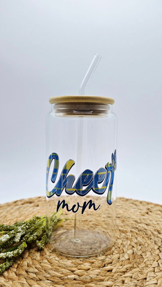 Personalized Girl Plus Sports Glass Cheer Mom Tumbler with Bamboo Lid