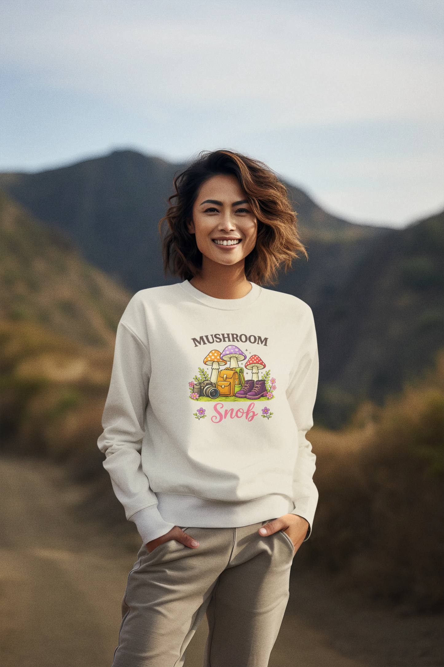 Cute Mushroom Hiking Pullover for Women, Mushroom Snob Graphic Sweatshirt, & Hoodie, Nature Lover and Hiker Gift