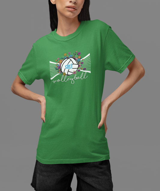 Floral Volleyball Graphic Crew Neck Tee for Girls Women, Beach & Court Volleyball Player Shirt
