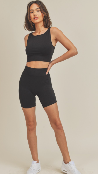 Seamless Crop Top & Biker Short Set, Gym Yoga Running Biking Lounge Sportswear