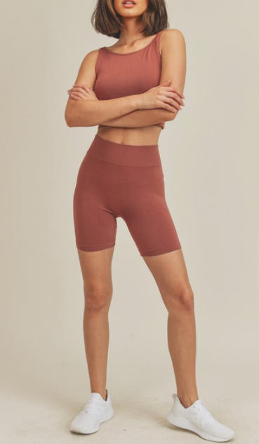 Seamless Crop Top & Biker Short Set, Gym Yoga Running Biking Lounge Sportswear