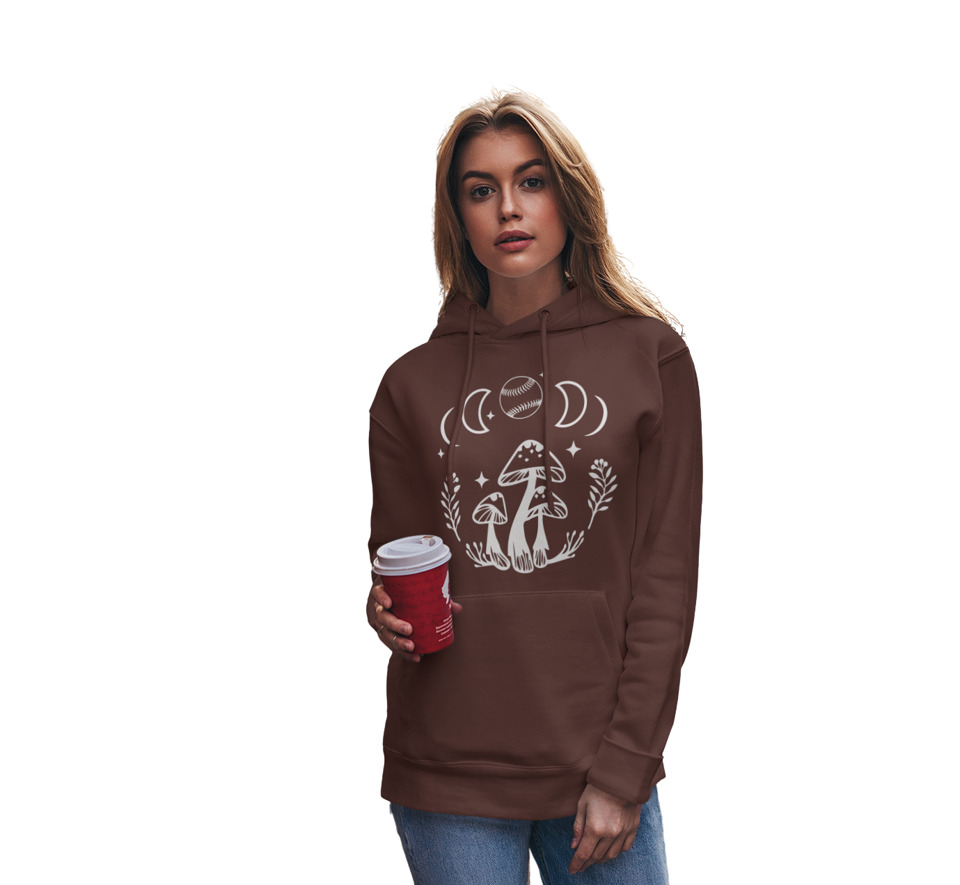 Boho Softball Mushroom Hoodie, Lunar Graphic Pullover for Girls Women