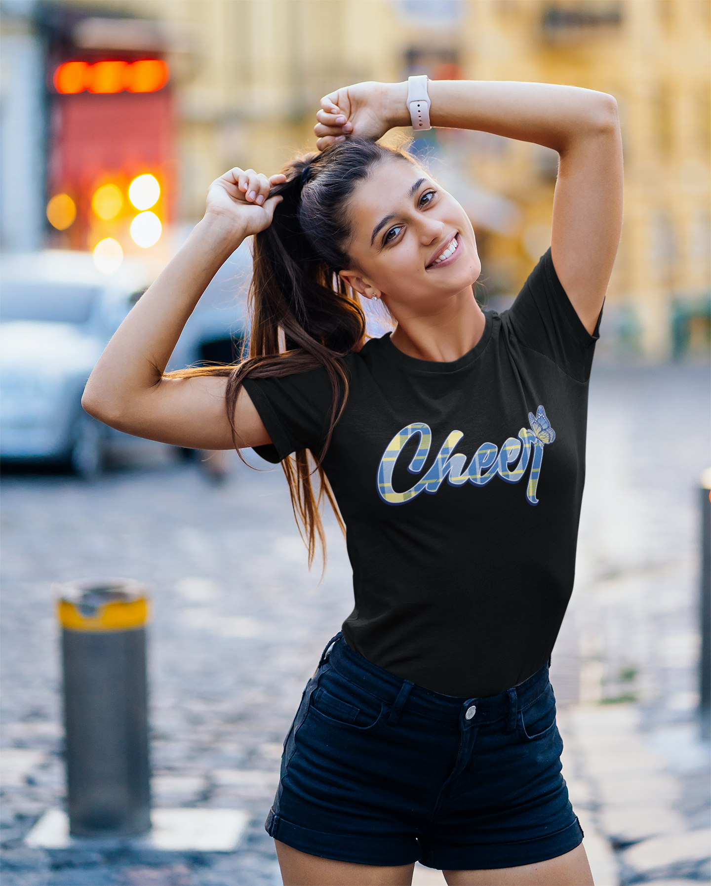 Cheer Printed Plaid Crewneck Tee for Girls Women