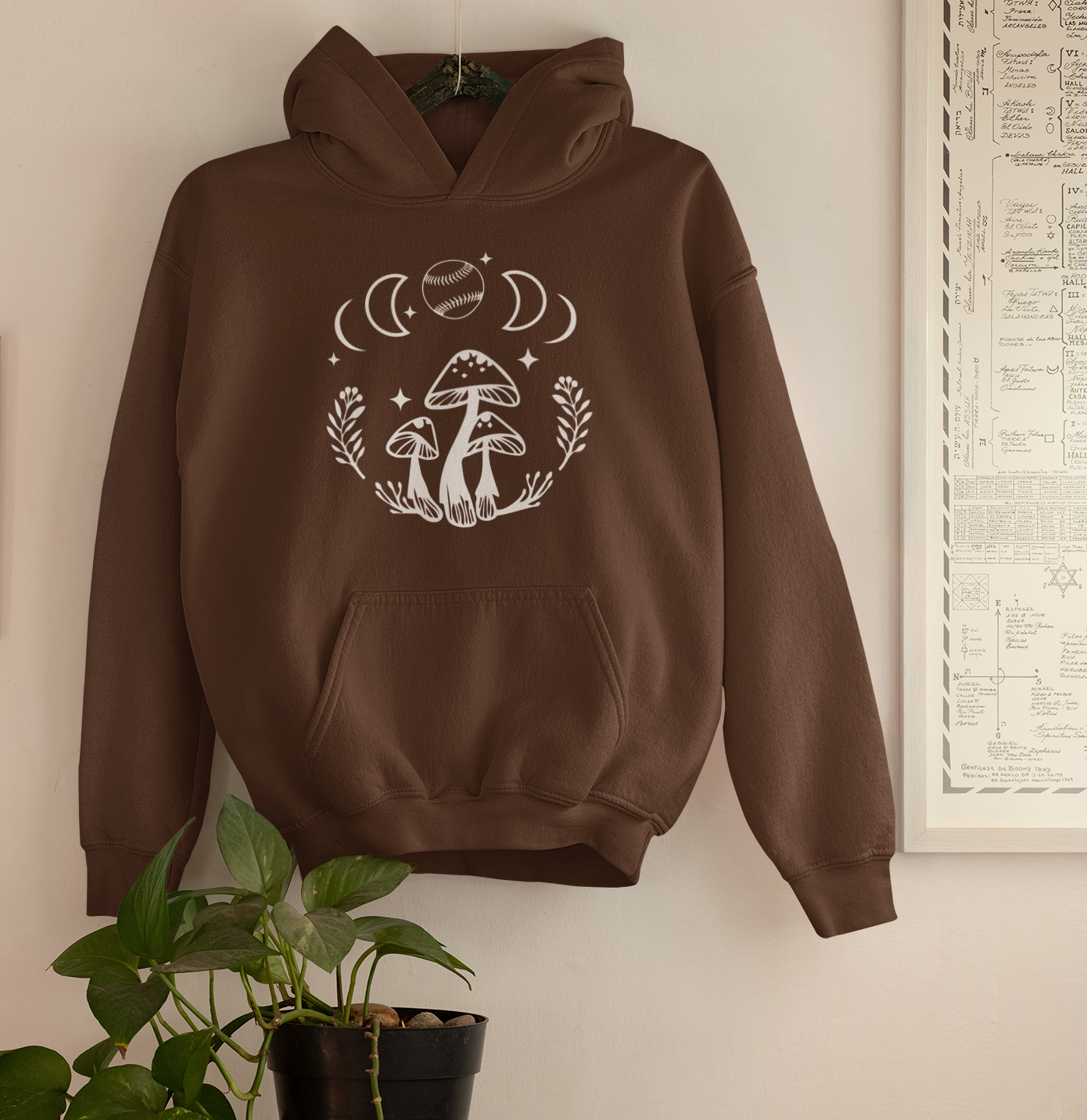 Boho Softball Mushroom Hoodie, Lunar Graphic Pullover for Girls Women