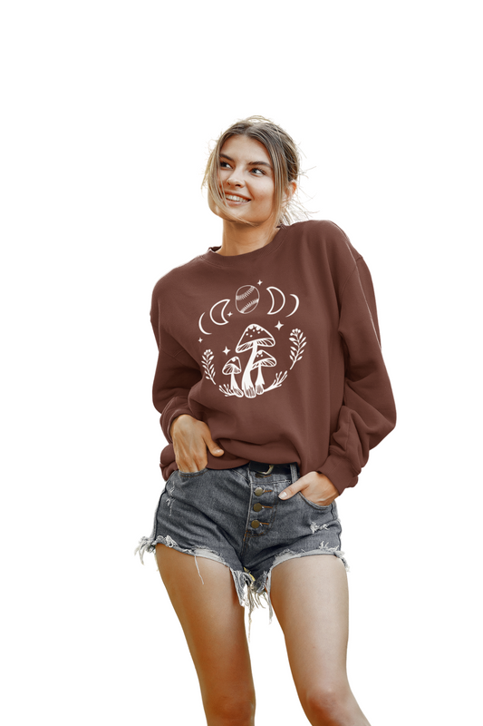 Boho Softball Mushroom Sweatshirt, Lunar Graphic Pullover for Girls Women