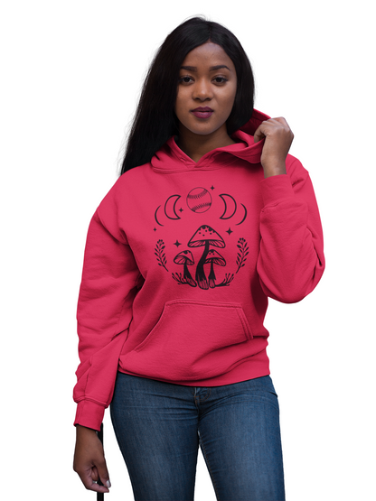 Boho Softball Mushroom Hoodie, Lunar Graphic Pullover for Girls Women