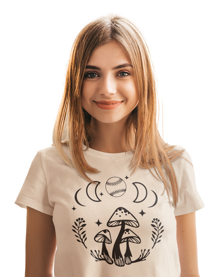 Boho Softball Mushroom Tee, Lunar Ball Graphic Shirt for Girls Women